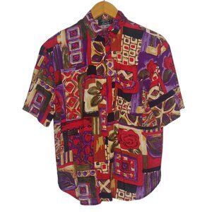 Vintage Michelle Leslie Womens Medium Blouse Geometric Floral Rayon Pink Retro
